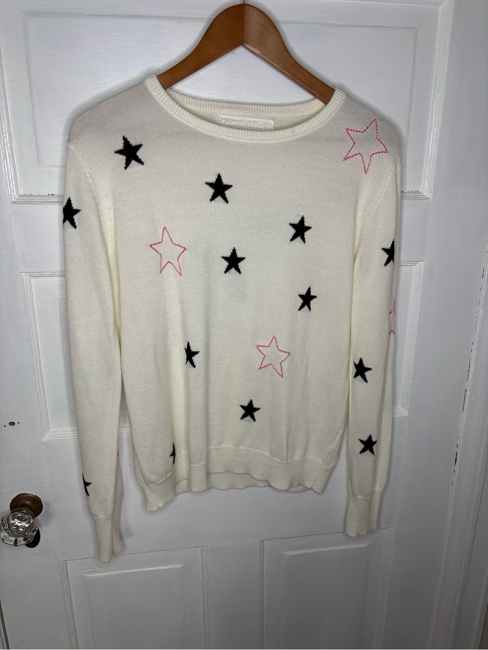 Pink Martini Cream Crewneck Sweater with Black and Pink Stars